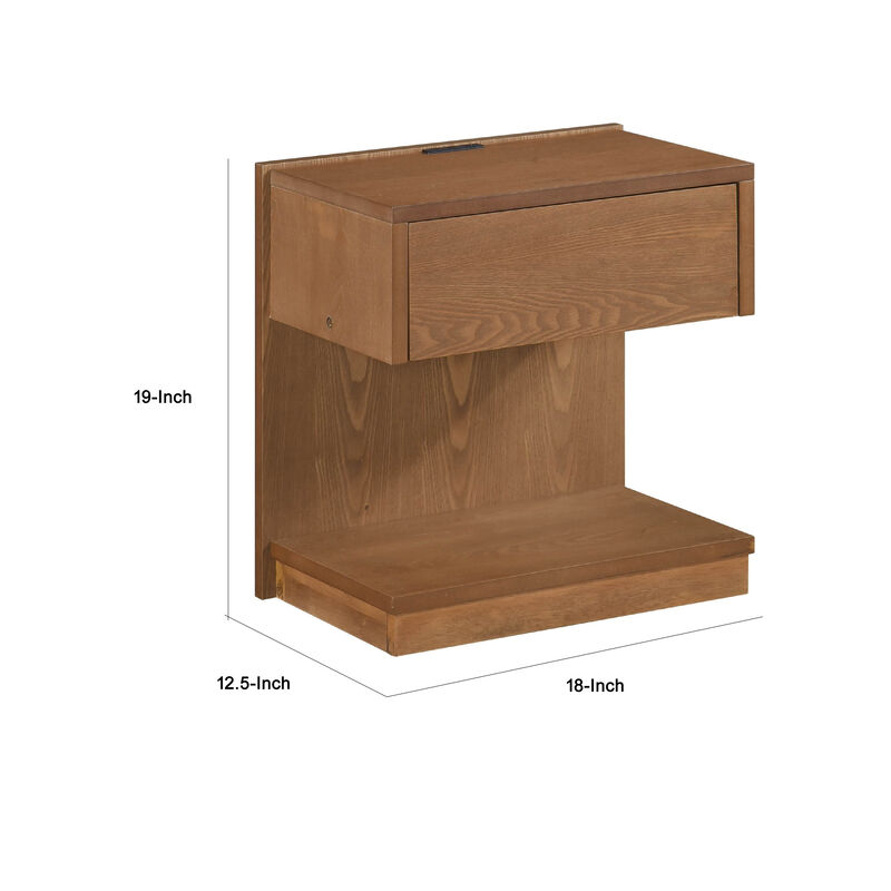 C Shaped End Table, 1 Drawer USB Port, 18 Inch, Wire Brush Brown Wood