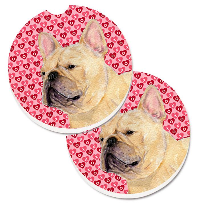 Caroline's Treasures French Bulldog Hearts Love & Valentine's Day Portrait Set of 2 Cup Holder Car Coasters SS4485CARC, 2.56, Multicolor