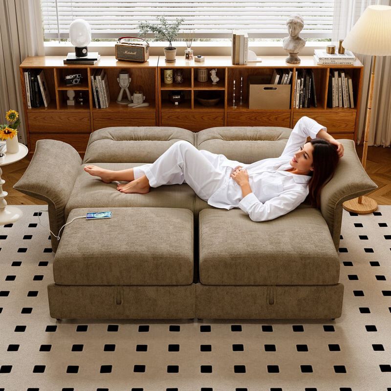 Convertible sleeper sofa bed, Plush fabric pull out futon with USB charging ports, 85 inch sofa bed for small spaces image number 3