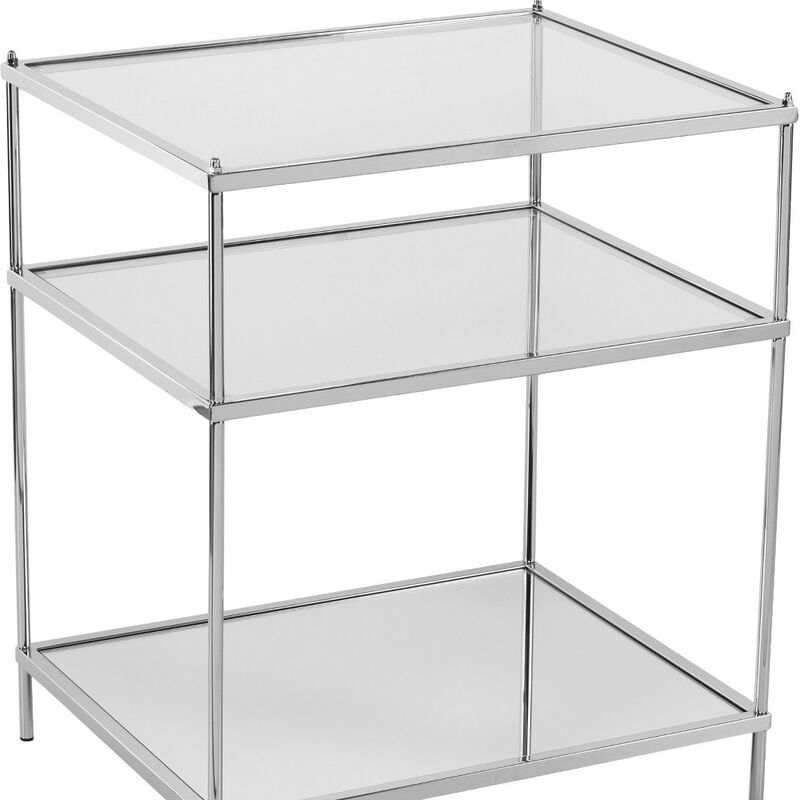 Hivvago 27 Inch  Silver Mirrored Glass And Iron End Table With Shelf