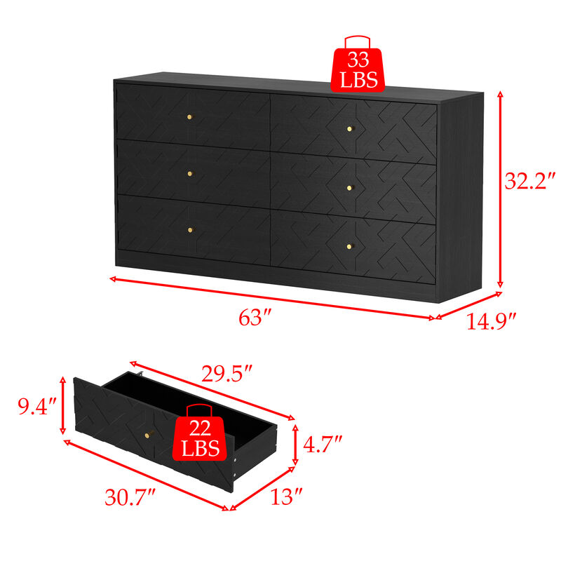 FUFU&GAGA Black 6-Drawer Storage Cabinet with Embossed Texture, Gold Tapered Pulls and Textured Finish, 63" W x 15" D x 32.3" H