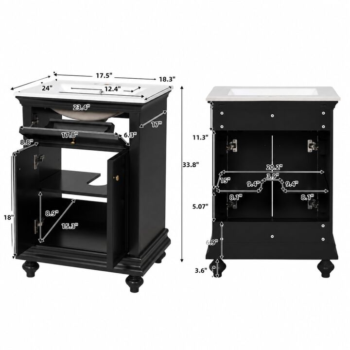 ELEMENT ACE 24 Inch Modern Bathroom Vanity with Ceramic Sink, Tip-Out Drawer, Soft-Close Hinges, Ball-Turned Legs and Adjustable Storage Shelf for Bathrooms