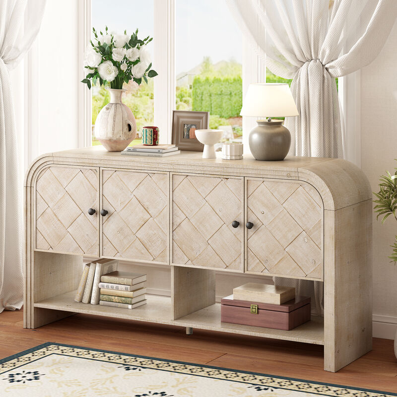 Merax U_Style Versatile console table with Woven Wood Slats and Solid Wood Veneer