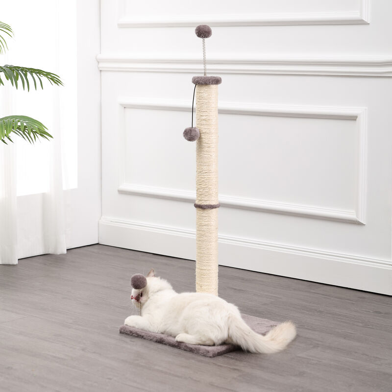 Rylie 38" Farmhouse Sisal Pillar Cat Scratching Post with Fuzzy Toys and Spring Balls, Gray/Cream