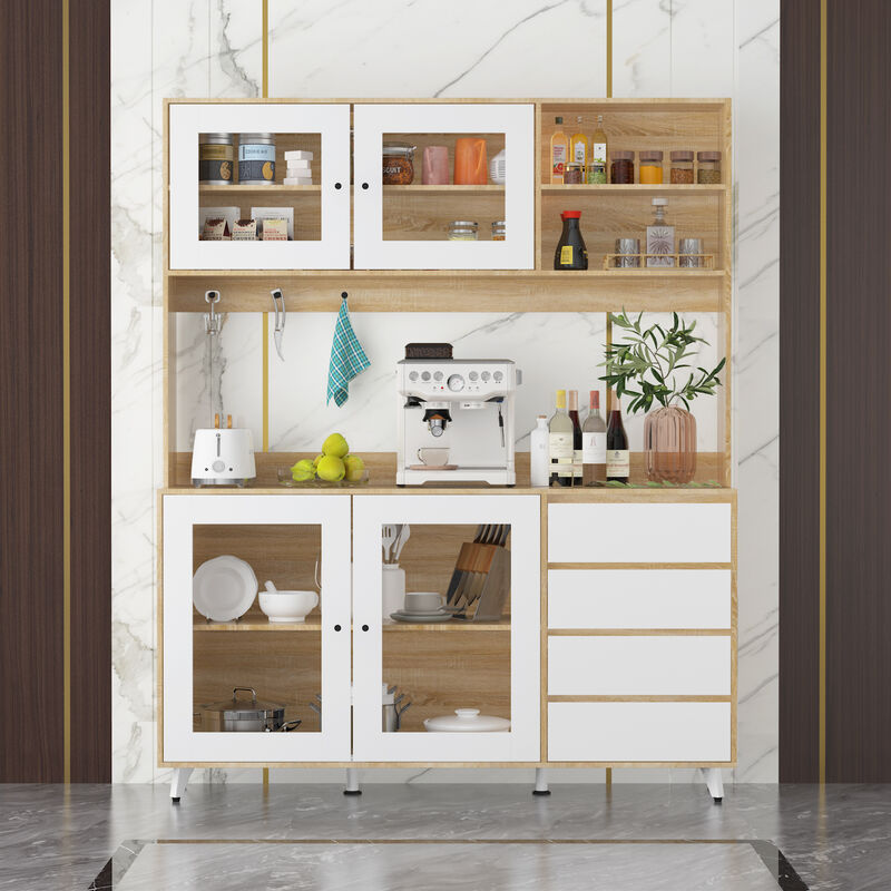 Glass Doors Light Brown Large Pantry Kitchen Cabinet With Hutch, 4-Drawers, Hooks 74.8 in. H x 63 in. W x 15.7 in. D