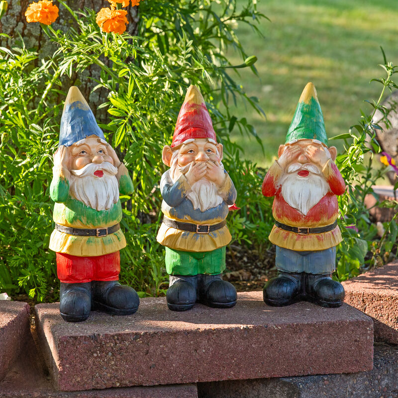Sunnydaze Hear No Evil, Speak No Evil and See No Evil Garden Gnomes - 12 in