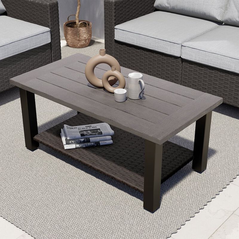 Mondawe Outdoor Coffee Table,Wood Grain Finish,With Storage Space Rust-Resistant Steel Frame Table