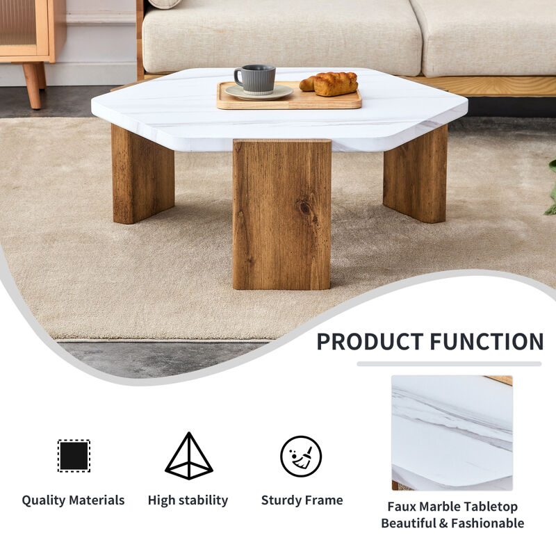 Modern practical MDF coffee table with white tabletop and wooden toned legs. Suitable for living rooms and guest rooms.