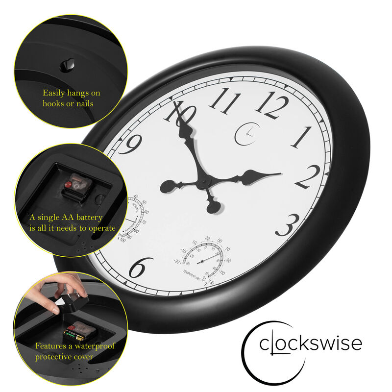 24-inch Large Outdoor Wall Clock Thermometer Combo, Waterproof Hygrometer Silent Battery Operated Clocks Timepiece Garden Weather Master Station for Home Indoor or Patio Pool Photography Props Black