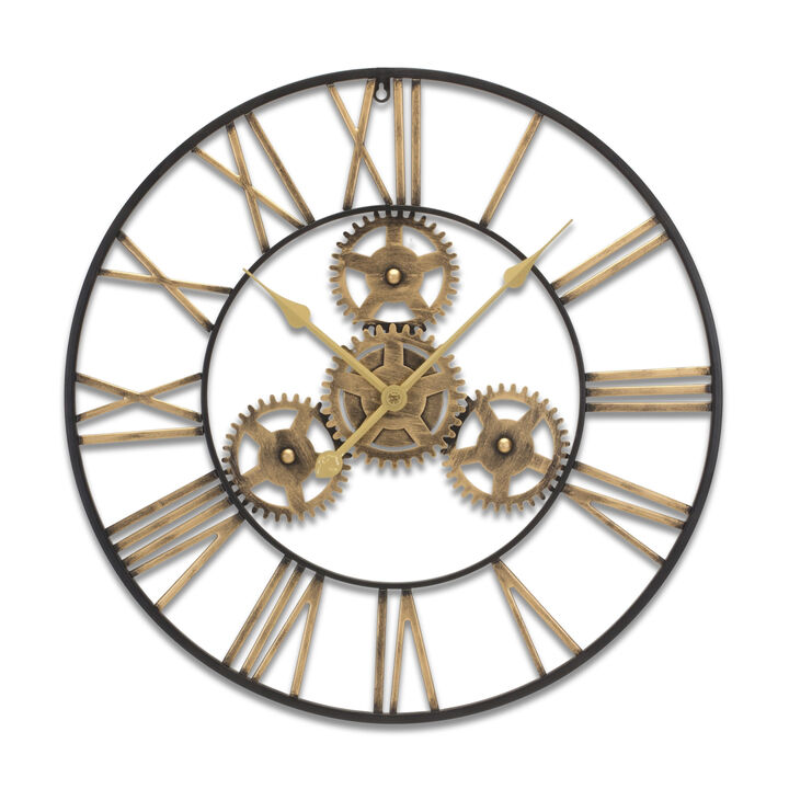 HomeRoots 24" Black And Gold Metal Analog Exposed Gear Round Wall Clock