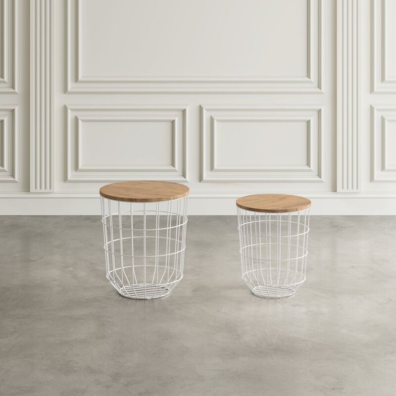 Jofran Global Archive Nested Storage Solid Wood and Metal Basket End Tables (Set of 2)