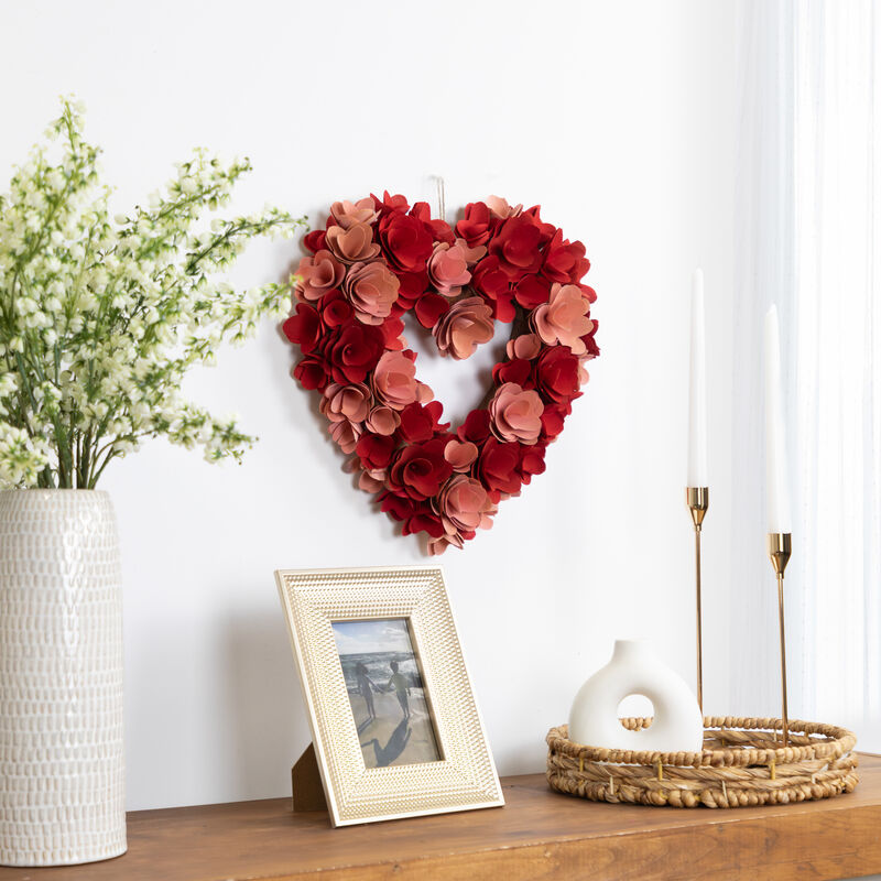 Wooden Floral Artificial Valentine's Day Wreath - 15" - Red and Pink image number 1