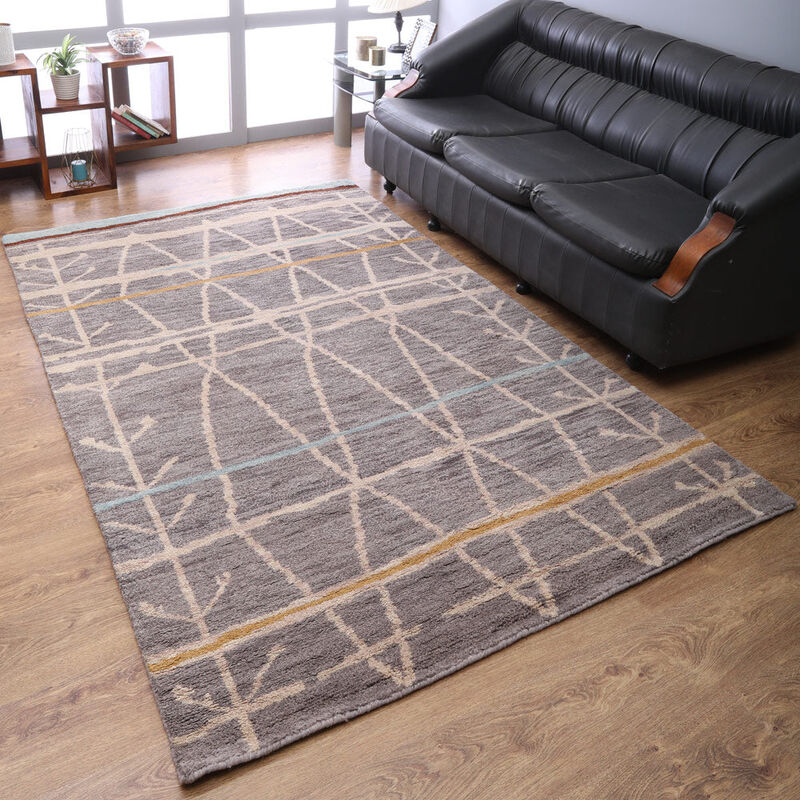 HAND KNOTTED WOOL Contemporary AREA RUGS  - 5'x8', Rectangle Shape, Brown Color, Contemporary Modern, Medium Pile Handmade Area Rugs for Living Room, Bed Room (N00906)
