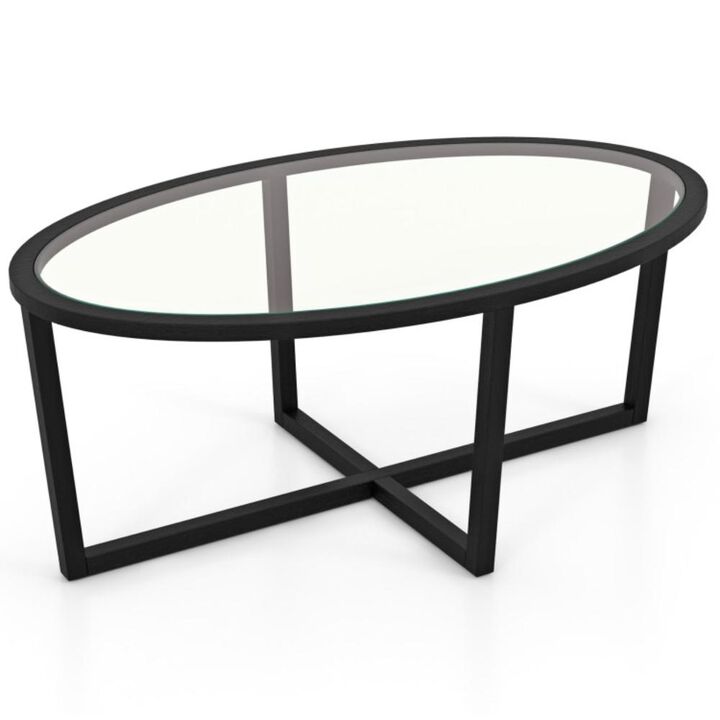 Hivvago Glass Coffee Table Oval Living Room Table with Cross Base and Acacia Wood Legs