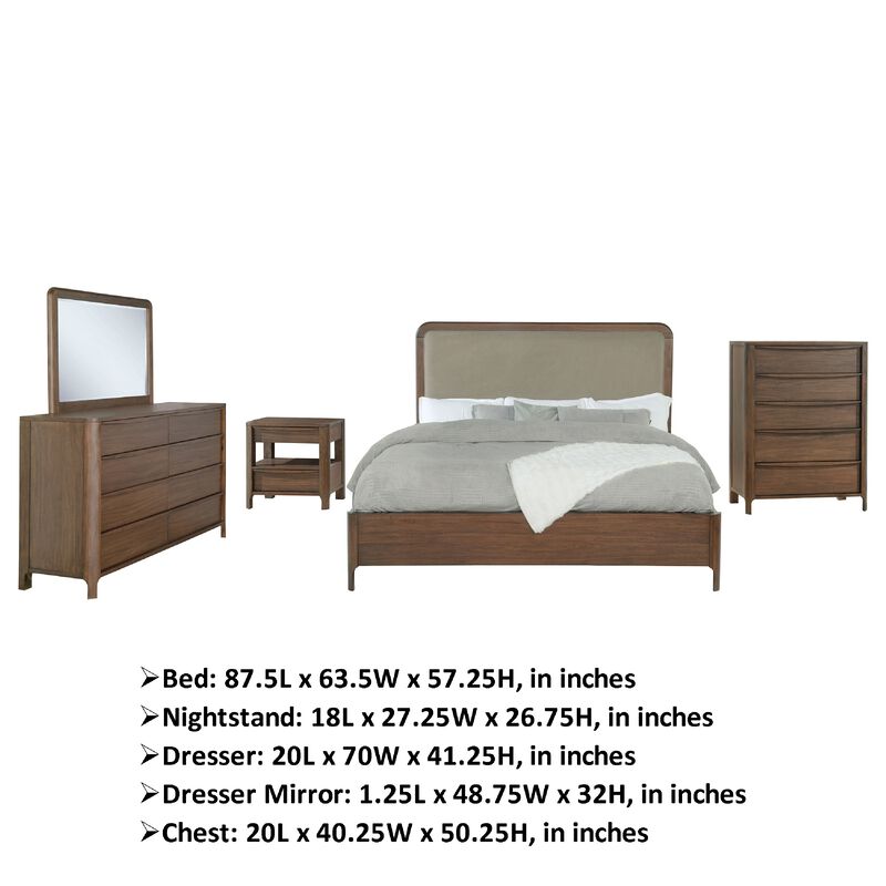 Rie 5pc Queen Bedroom Set with Dresser Mirror, Brown, Beige Upholstery