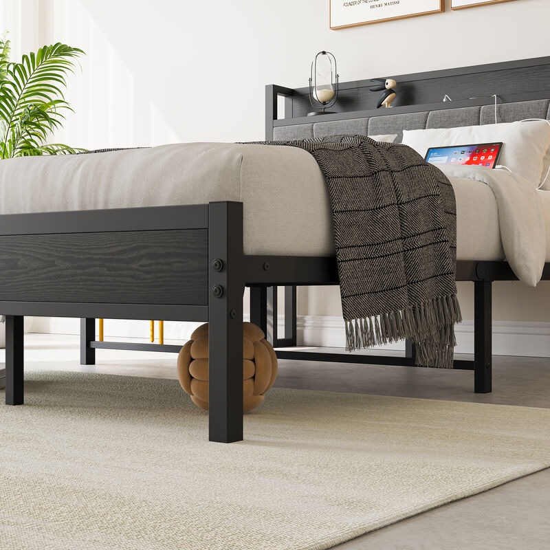 Bed Frame with Storage Headboard Charging Station and Sturdy Design