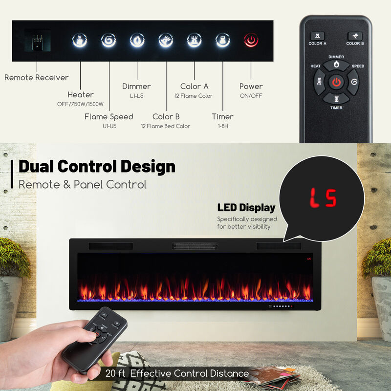 Electric Fireplace Recessed and Wall Mounted for 2' x 6' Stud