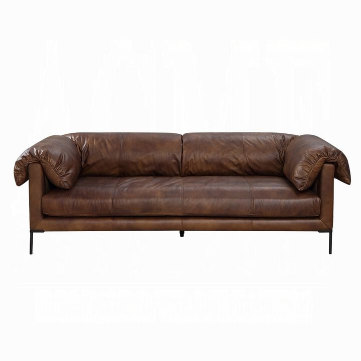 Sofa, Classic 96 Inch, Black Metal Legs, Mocha Brown Top Grain Leather