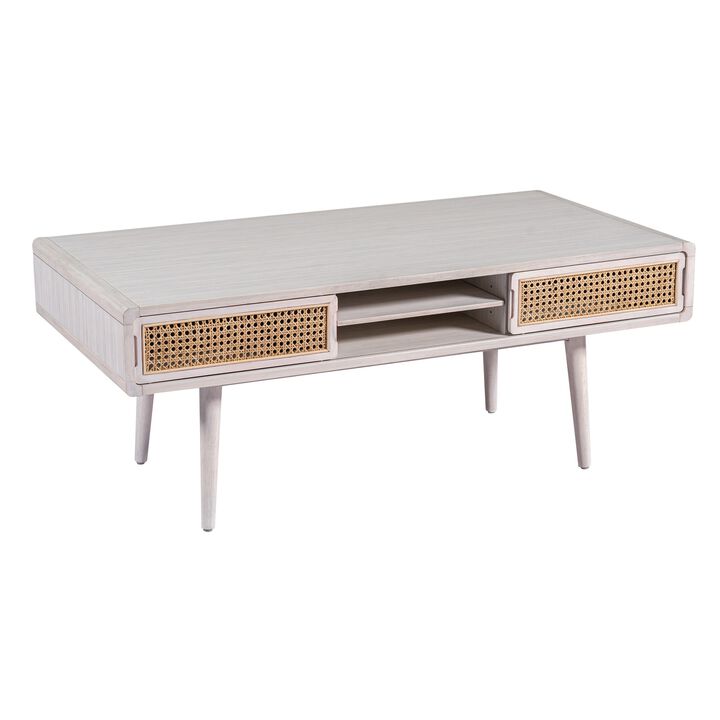 Camy Coffee Table, Brown Cane Woven Doors, Open Shelf, White 48 Inch