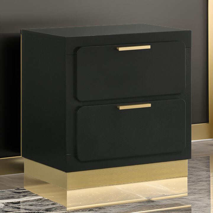 Caer Nightstand, 2 Drawers, Gold Accent Recessed Base, Bar Handles, Black - Benzara