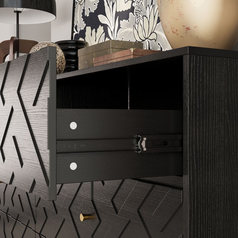 FUFU&GAGA Black 6-Drawer Storage Cabinet with Embossed Texture, Gold Tapered Pulls and Textured Finish, 63" W x 15" D x 32.3" H