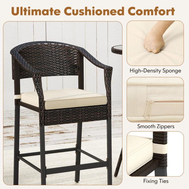 Hivvago 3-Piece Patio Rattan Bar Set with Tempered Glass Top for Backyard Poolside