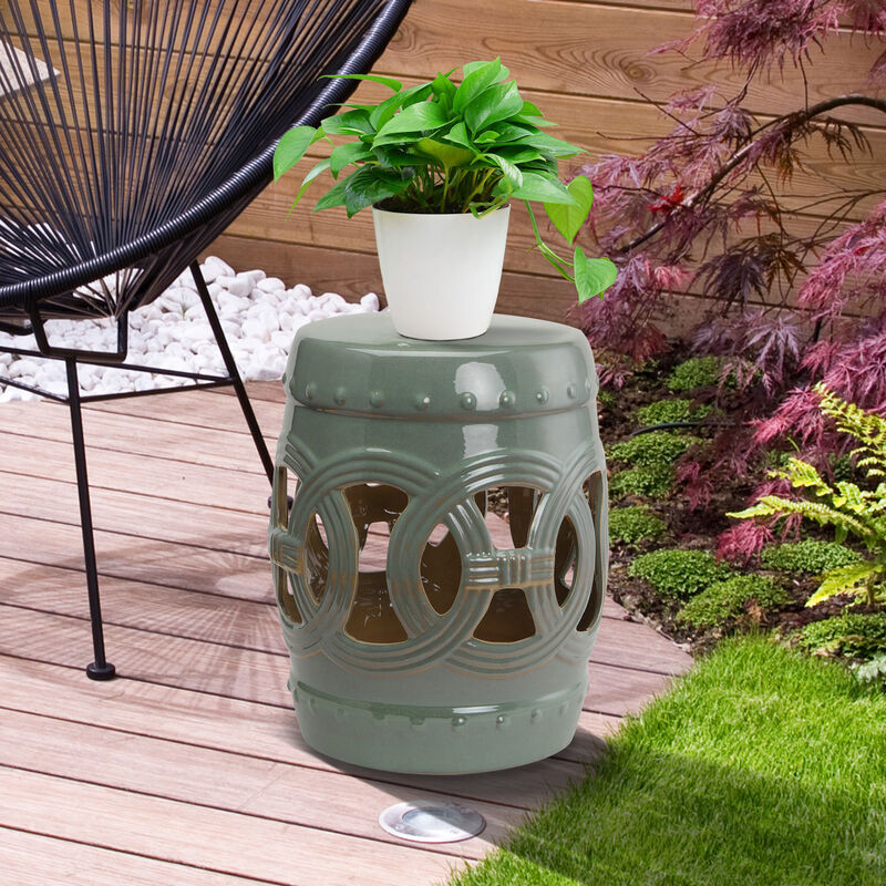 Outsunny 14" x 17" Ceramic Garden Stool with Double-Coin Knotted Ring Design & Strong Glazed Material, Decorative End Table, Home Collection, Green