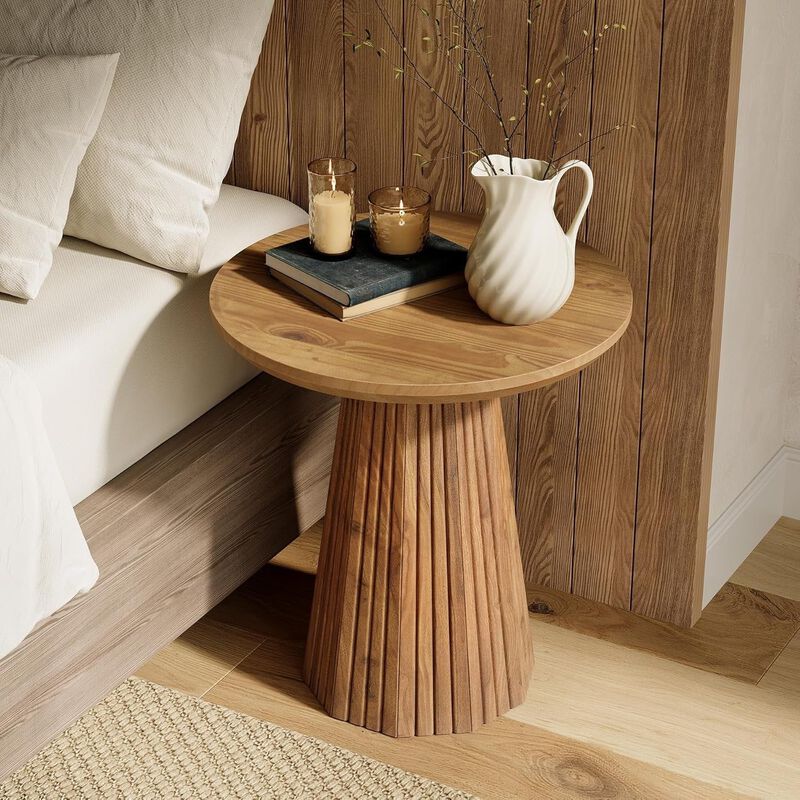 Round Solid Wood Side Table with Fluted Pedestal Base, End Table image number 4