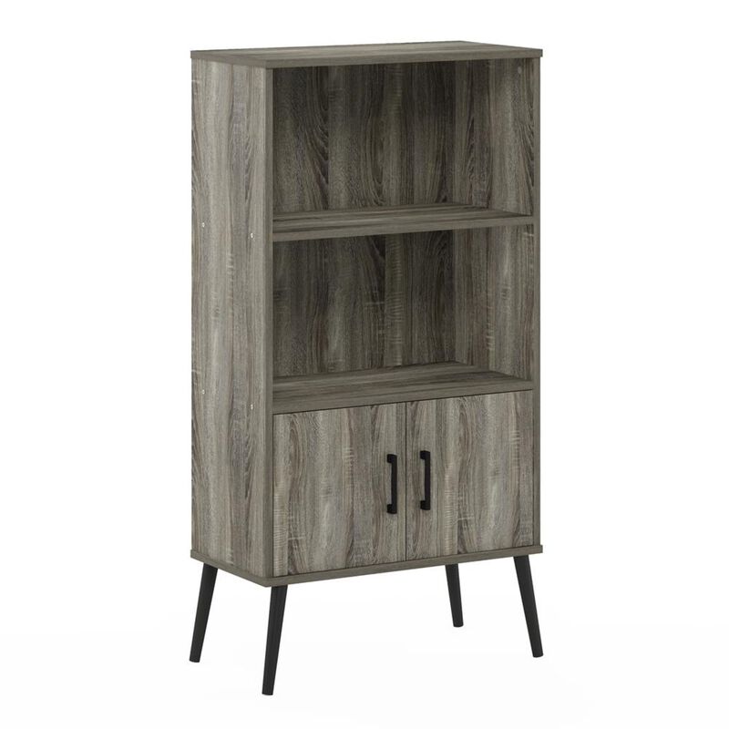 Furinno Claude Mid Century Style Accent Wooden Leg Bookcase Cabinet with Storage Organizer Shelves, French Oak Grey
