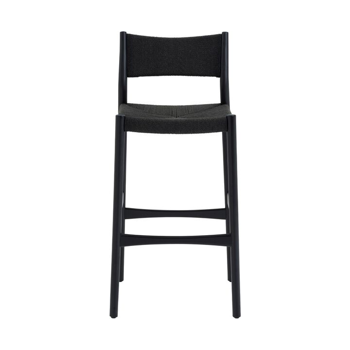 Rie Barstool Chair, Danish Inspired Panel Backrest, Black Woven Paper Cord - Benzara