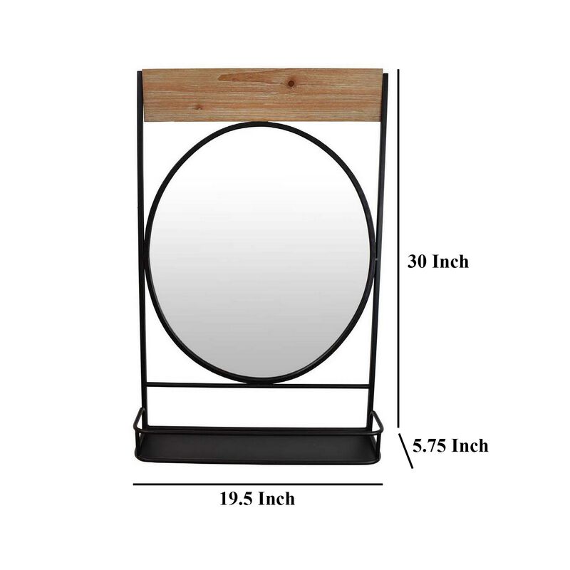 Feno Decorative Wall Mirror w Rack, 30 Inch Round Black Metal Frame