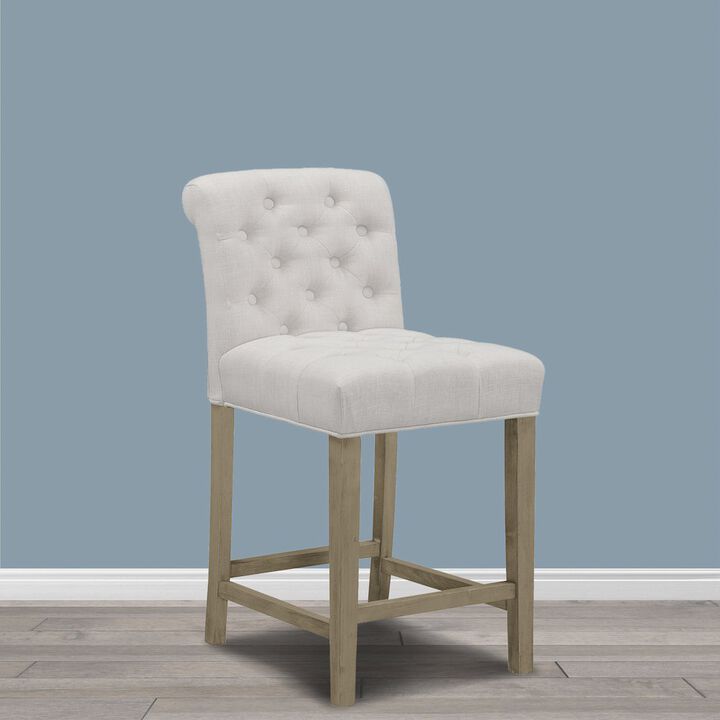 Glamour Home Set of 2 Beige Fabric Counter Stool Roll Back Design and Tufted Buttons