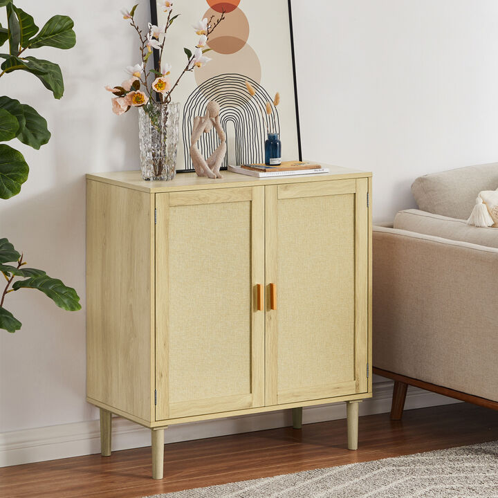 Mid-Century 2-Door Accent Chest, Wood Storage Cabinet with Shelf and Fabric Covered Panels (Natural, 31.5" w x 15.8" d x 34.6" h)