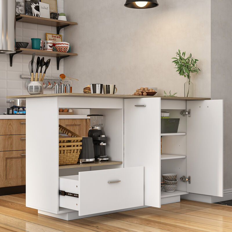 White/Oak Wood 59.1 in. W Kitchen Island Dining Table With Adjustable Shelves and Drawer