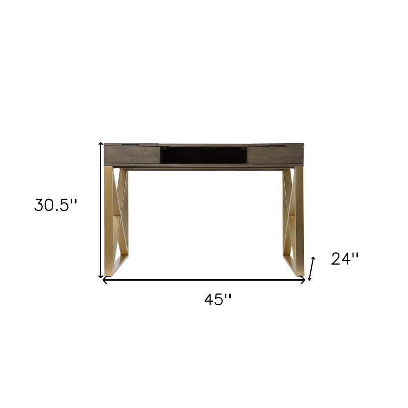 HomeRoots 45" Gray and Gold Wood Sled With Two Drawers image number 5