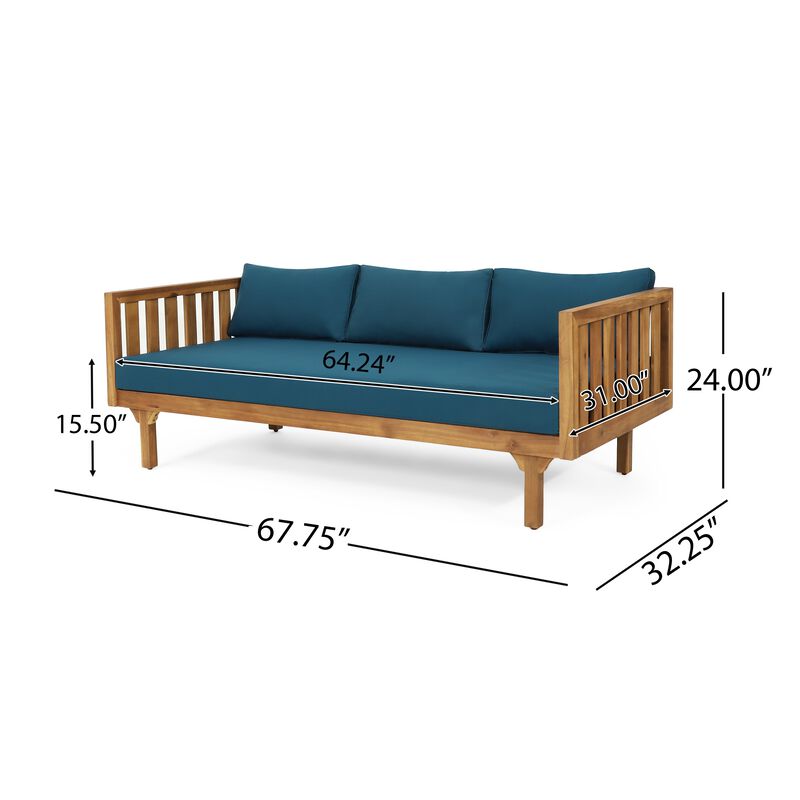 Clara Outdoor 3 Seater Daybed Sofa, Slatted Teak Wood, Blue Fabric image number 4