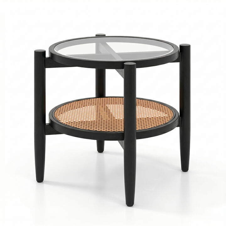 Round Rattan End Table with Glass Tabletop, Stylish Accent Side Table for Home Decor