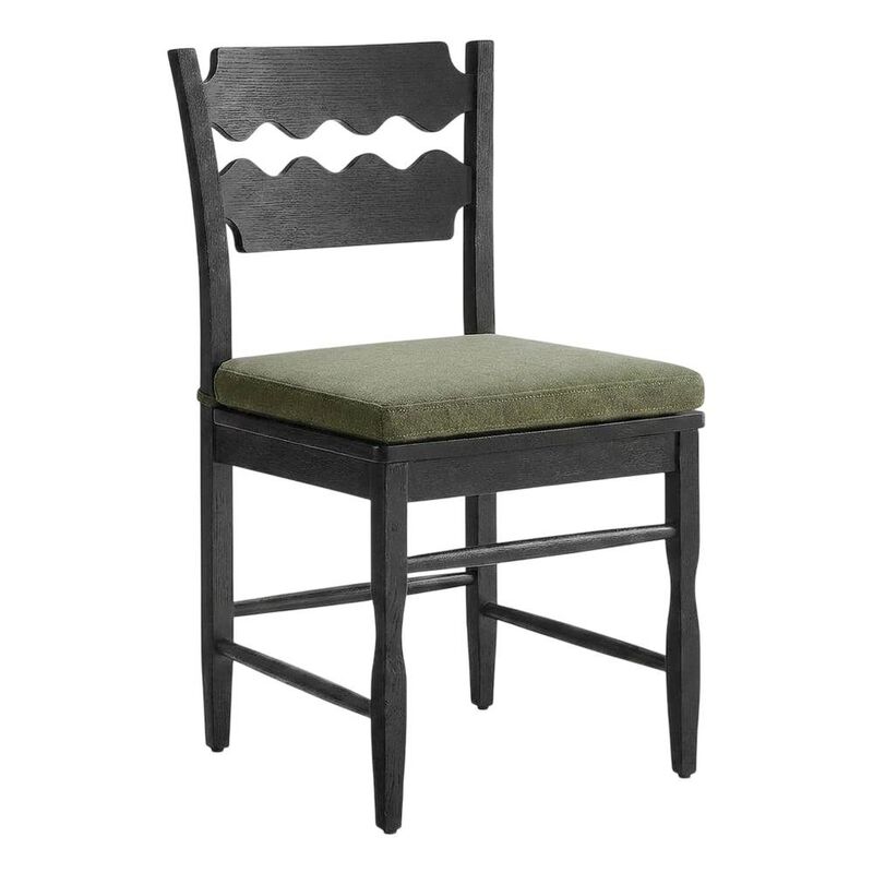 Oak Wood Dining Chair with Wavy Razor Back and Seat Cushion, Black Sage image number 1