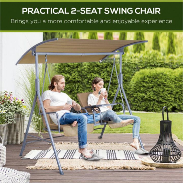 2 Person Porch Swing with Stand, Outdoor Swing with Canopy, Pivot Storage Table, 2 Cup Holders, Cushions for Patio, Backyard, Beige