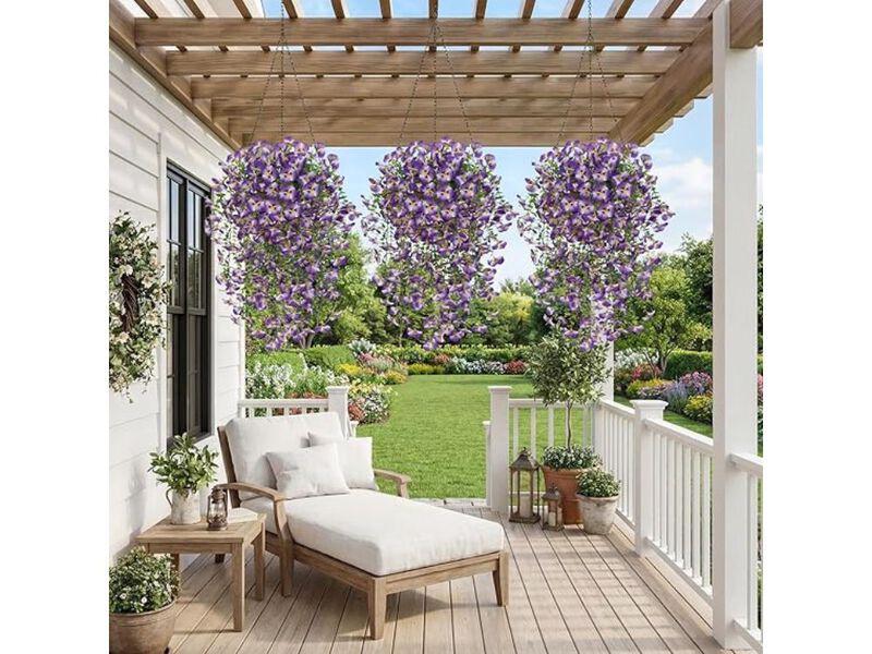 4 Piece Purple Artificial Hanging Pansy Flowers UV Resistant Outdoor Garden image number 1