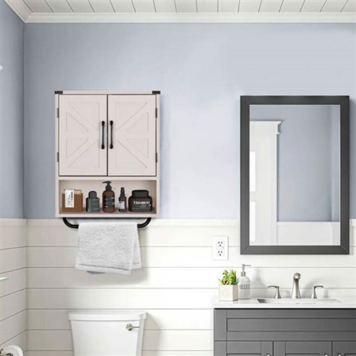 Wall-Mounted Bathroom Cabinet with Shelf & Bar – Farmhouse Style