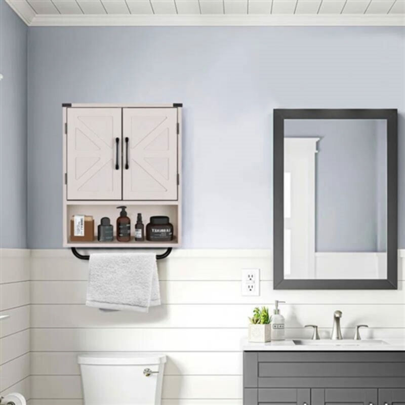 Wall-Mounted Bathroom Cabinet with Shelf & Bar – Farmhouse Style