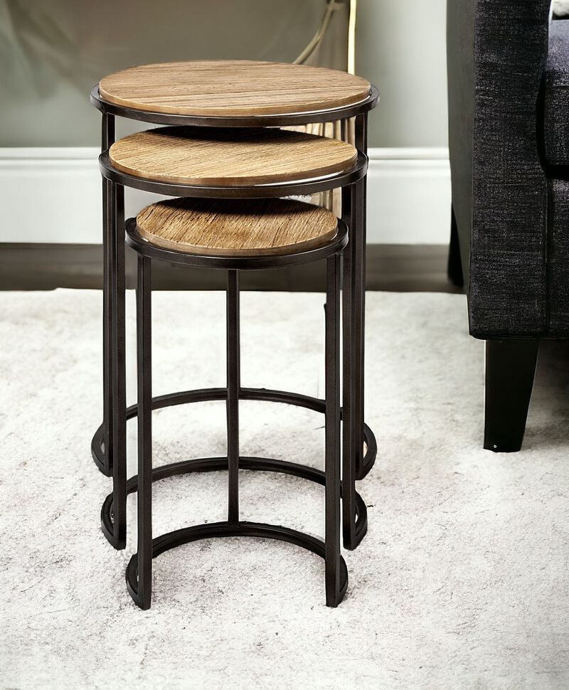 Rustic Solid Wood Round End Tables &ndash; Set of Three for Versatile Use image number 1