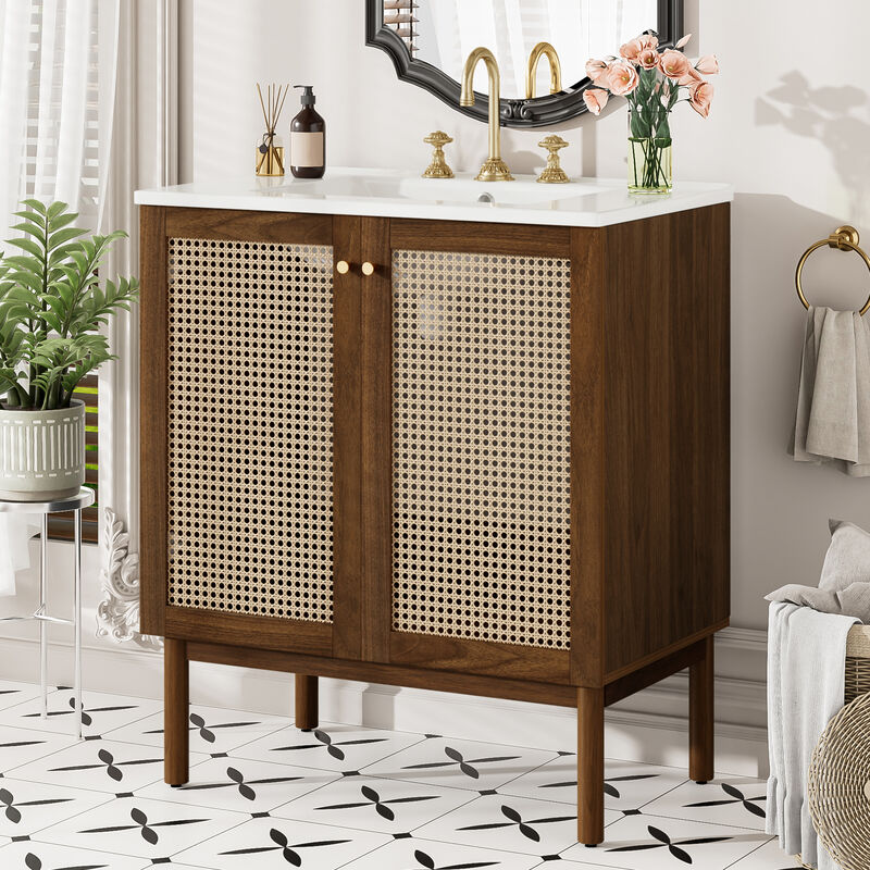 Jucak Wood Bathroom Vanity with Rattan Doors image number 2