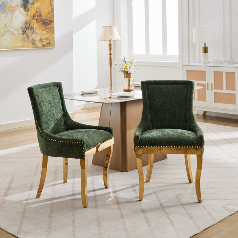 Clihome Chenille Dining Chairs, Modern Style with Curved Gold - Plated Legs & Rivet Trim, Upholstered Comfort,One - Piece Structure,Set of 2