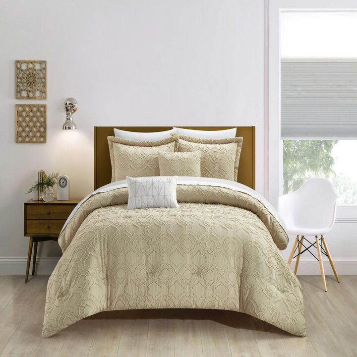 Chic Home Jane Comforter Set Clip Jacquard Geometric Quatrefoil Pattern Design Bedding - Decorative Pillows Shams Included - 5 Piece - King 104x90", Beige