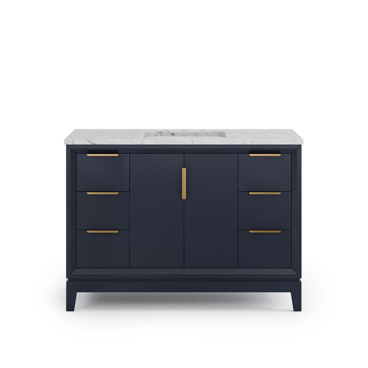 Elizabeth 48 In. Single Sink Carrara White Marble Countertop Bath Vanity In Monarch Blue with Satin Gold Hardware