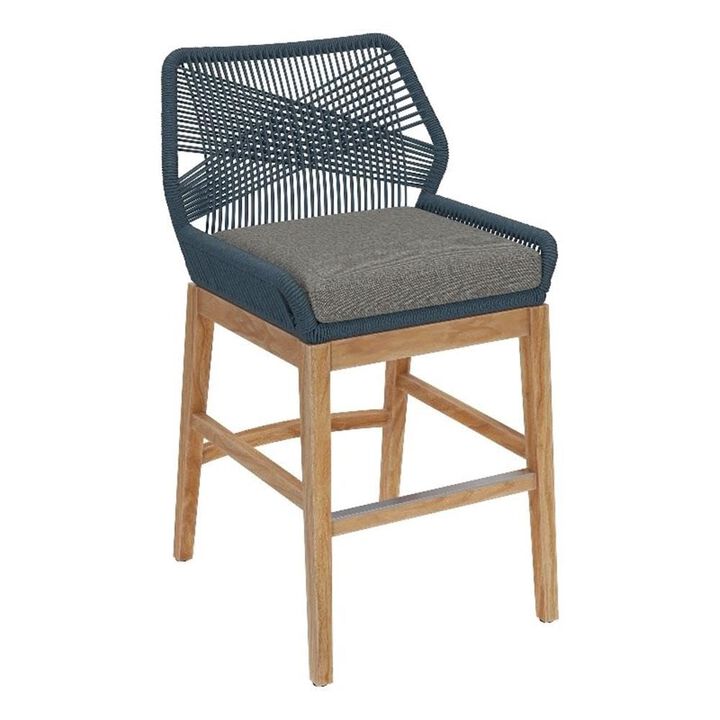 Modway Wellspring Outdoor Patio Teak Wood Counter Stool in Light Gray Greige - 24 Inch Patio Counter Height Stool with Cushion, Woven Seat and Teak Wood Legs