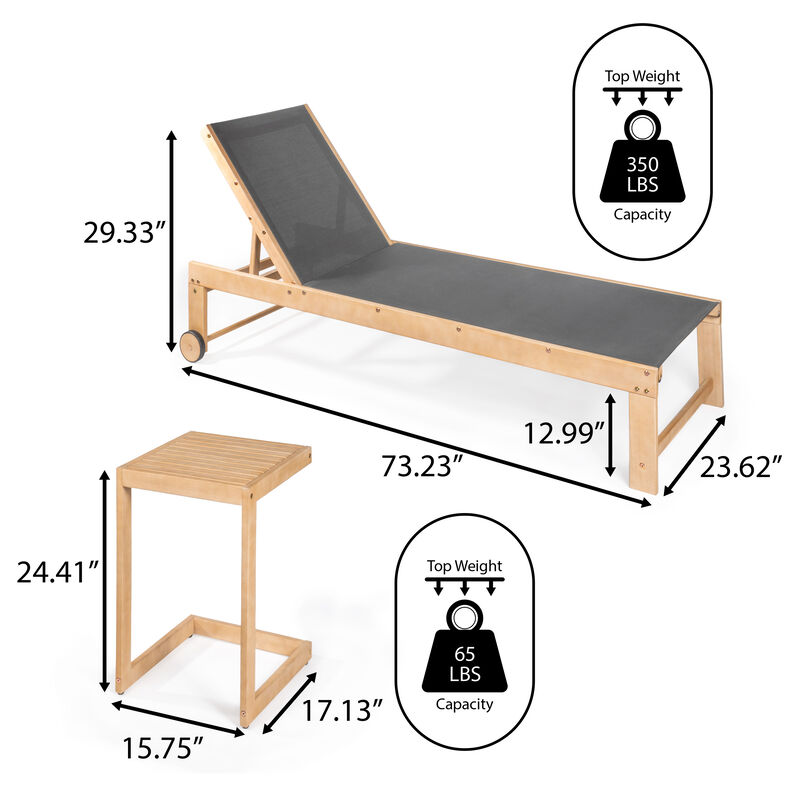 Trabuco Coastal Modern Acacia Wood Mesh 3-Position Outdoor foldable Chaise Lounge Set with Side Table