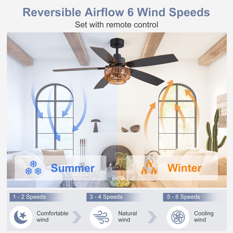 Breezary 52" Ceiling Fan with Lights,Wood Blades, Remote Control, 6 Speeds image number 2